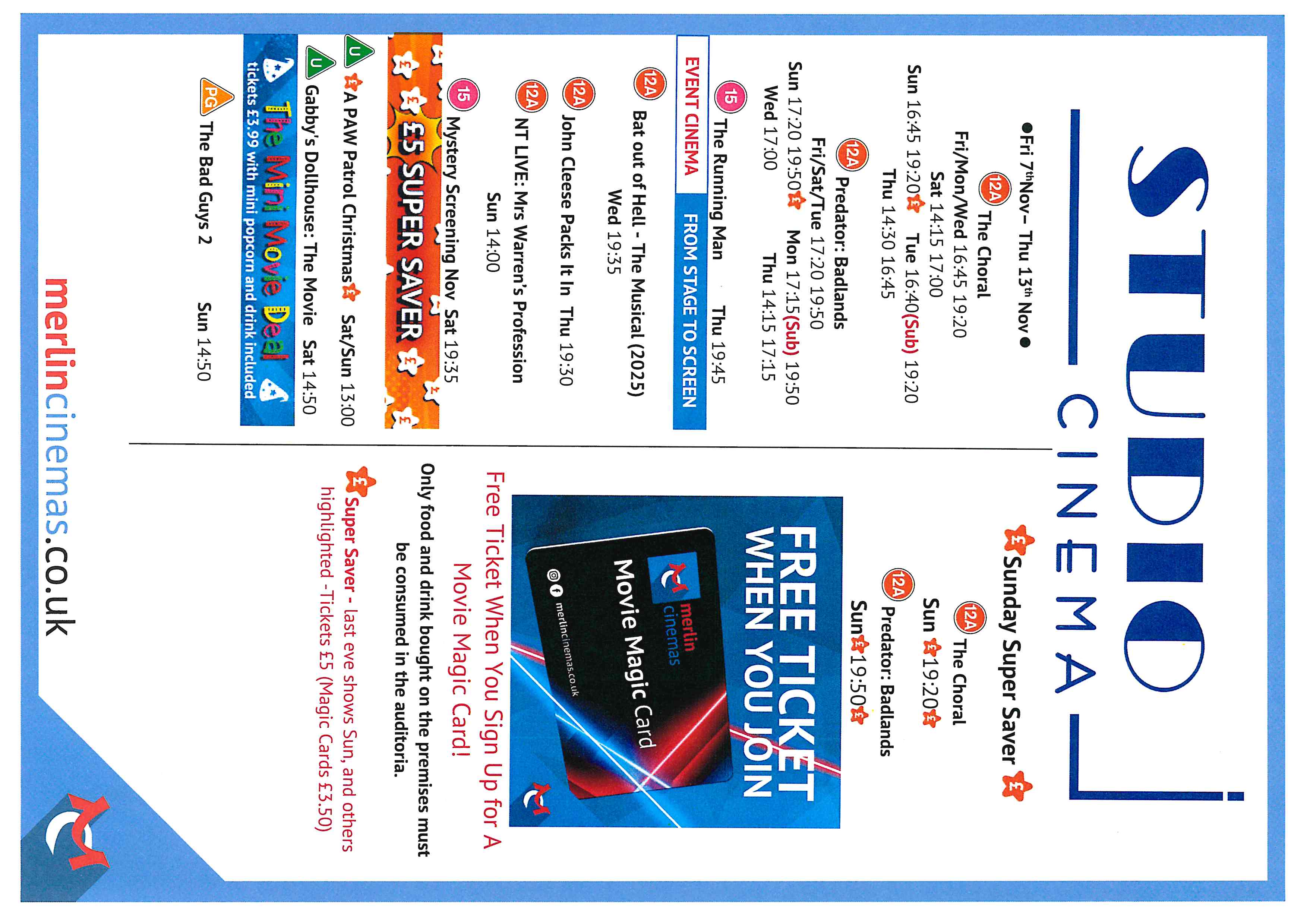 Studio Cinema Listings Fri 7th Nov - Thur 13th Nov